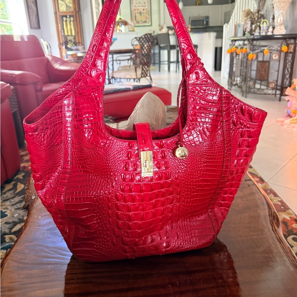 Brahmin True Red Croc-Embossed Tote Handbag